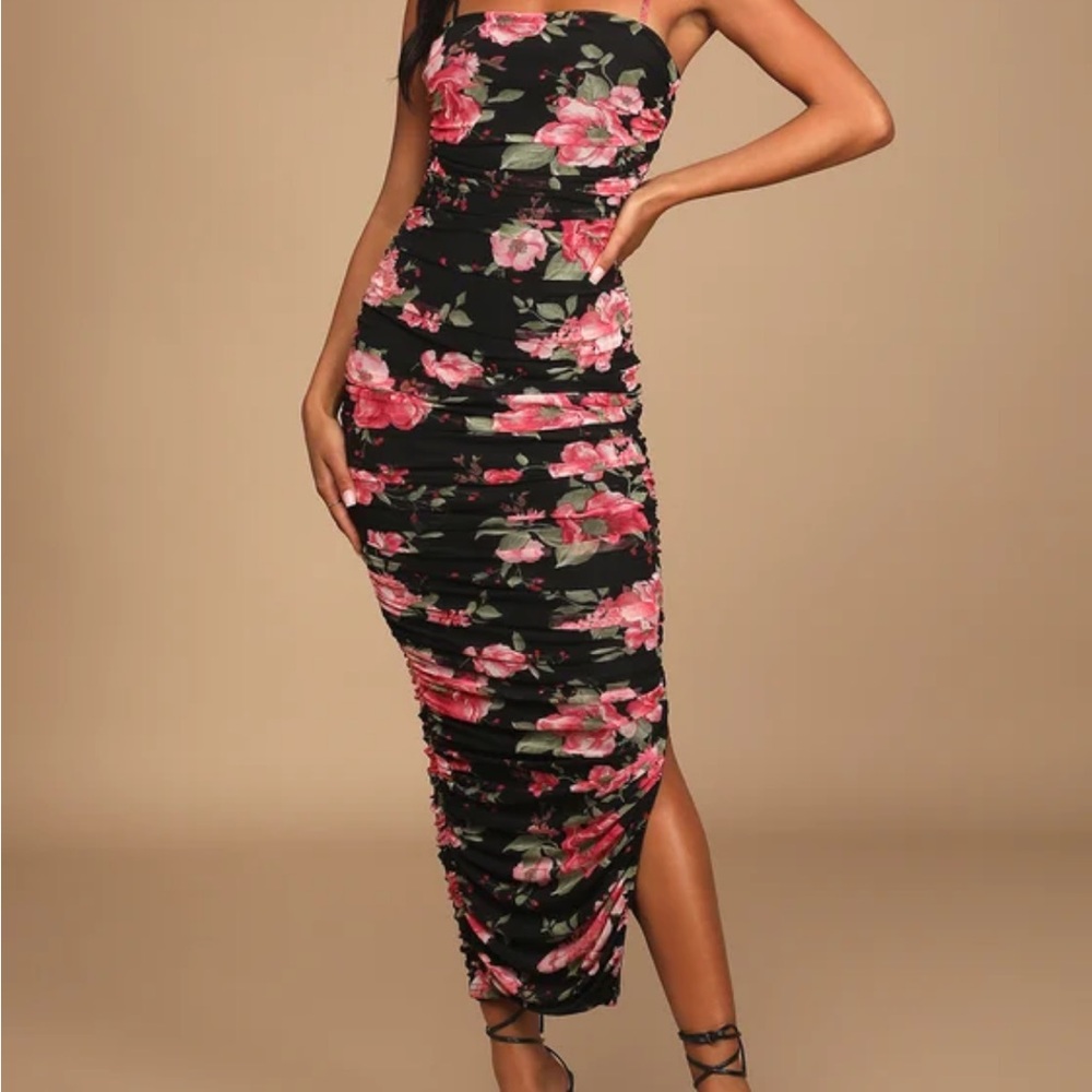 Lulu's Pink and Black Strapless Ruched Bodycon Dress
